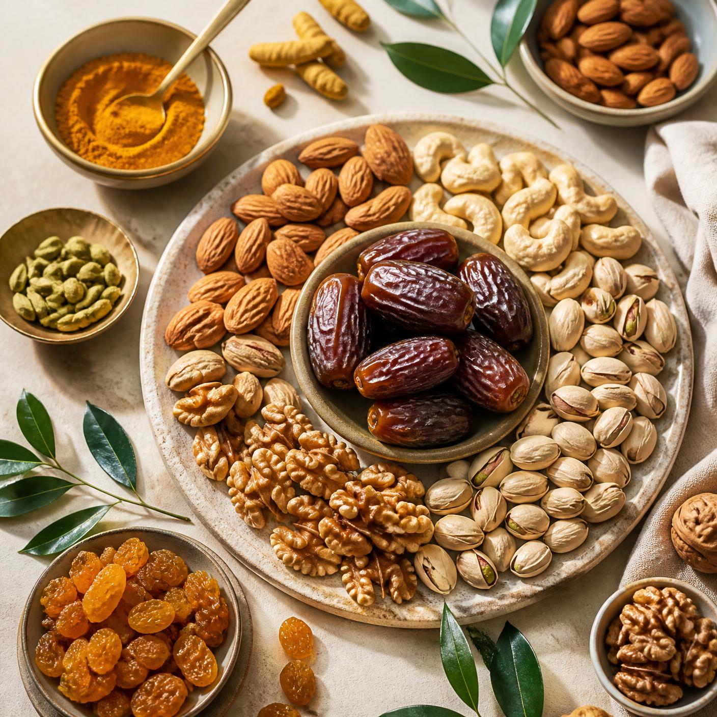 Assortment of premium dry fruits, dates, nuts and spices